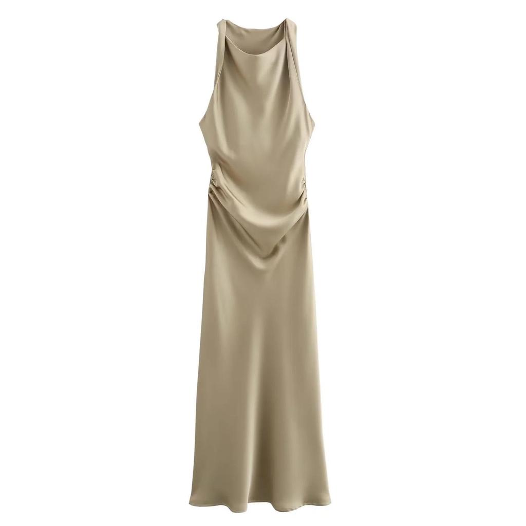 2024 European and American Fashion Black Silk Satin Midi Dress - Round Neck Sleeveless Design
