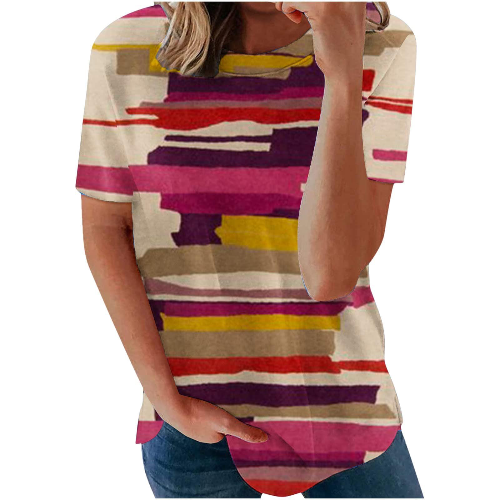 

Women s Fashion Casual Loose Round Neck Printed Short Sleeve T-Shirt Top XXXL гарячі рожевого кольору