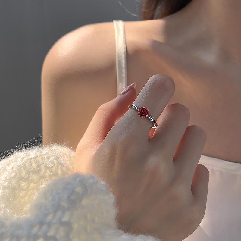 Red Rose Cinnabar Camellia Diamond Ring: Unique Birthday Gift for Girlfriend