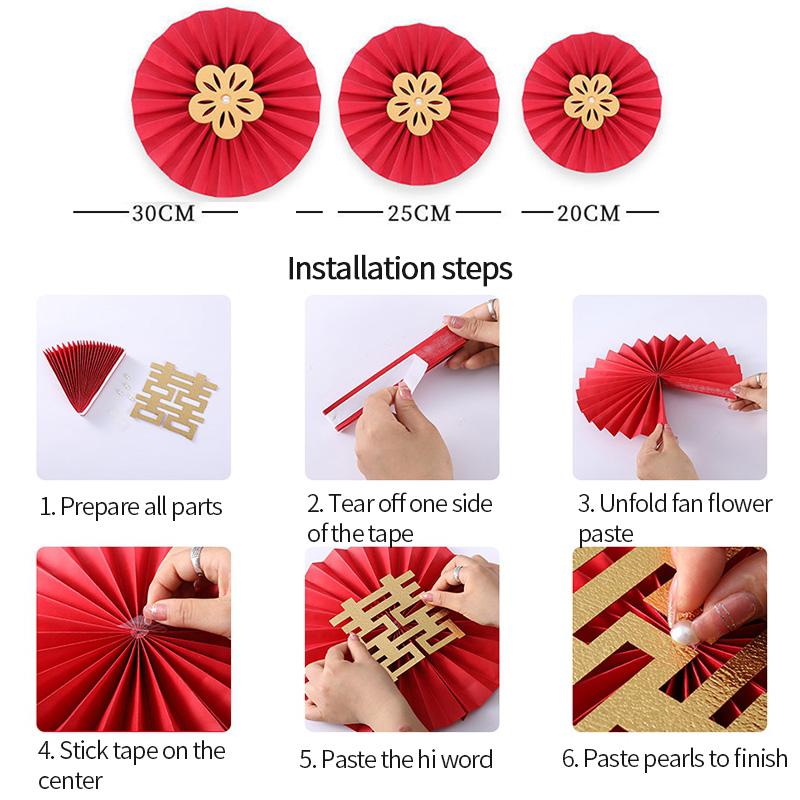 6PCS Red Hanging Paper Fan Chinese New Year Wedding Paper Fans Set Flower Paper Craft Background Wall Decor DIY Party Supplies