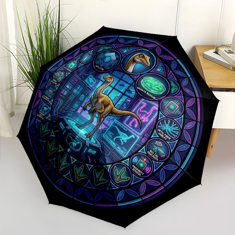 Glass Dinosaur Lab pattern umbrella, portable and foldable design, 8 ribs, a casual accessory for Halloween, Christmas, and birthday gifts.