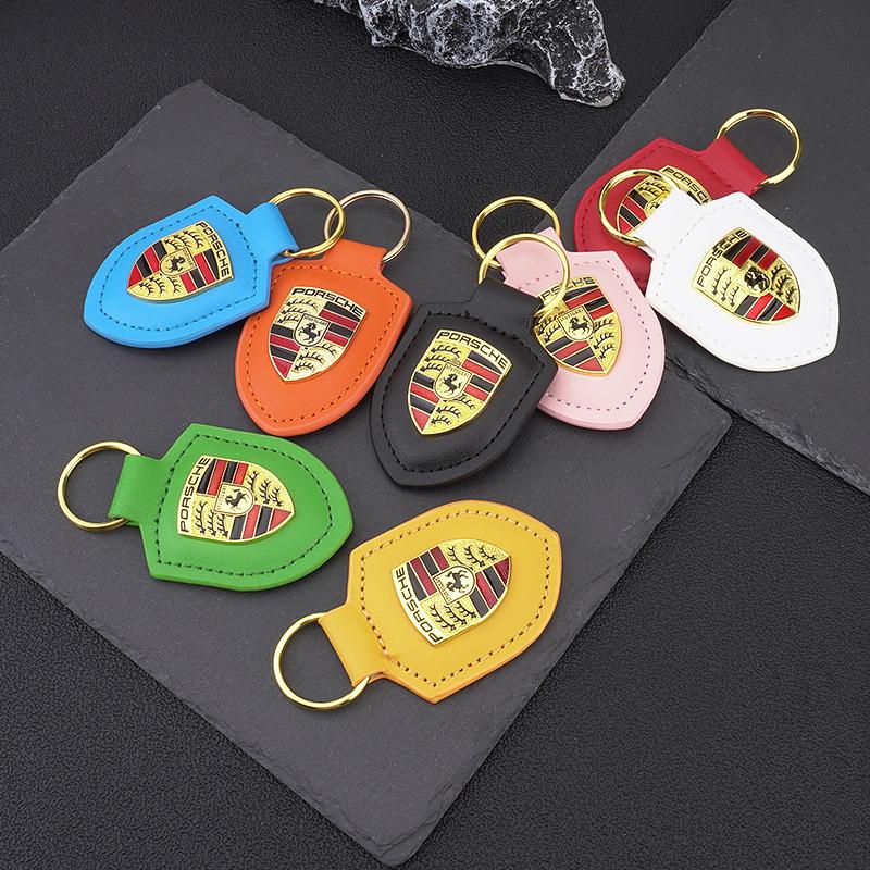 High Quality PU Leather Car Keychain Shield Alloy Keyring Pendant Gift For Porsche Cayenne Panamera Macan Boxster Cayman Sticker Mszh62