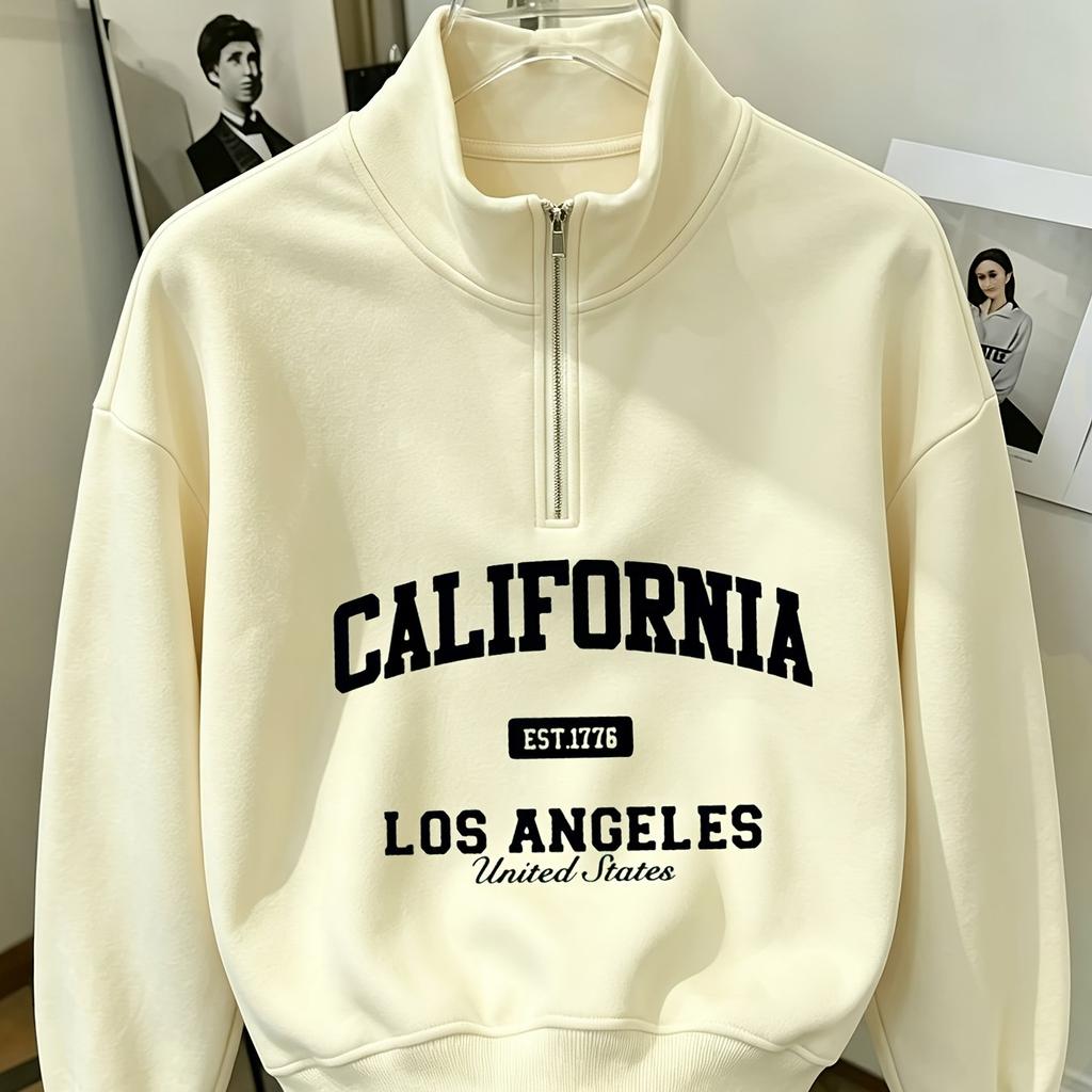 Damen-Sweatshirt für Herbst und Winter mit Stehkragen, halbem Reißverschluss, schulterfrei, lockerem Schnitt und trendigem Aufdruck