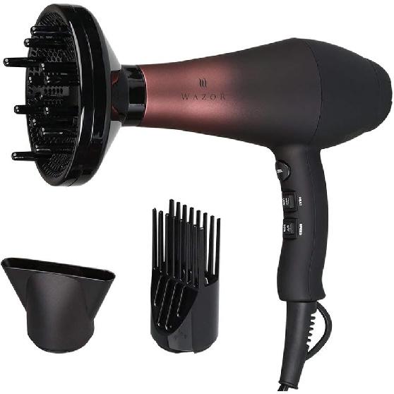 Wazor Professional Ionic Hair Dryer with Diffuser, Infrared Salon Grade Blow Dryer with Comb Attachment, 1875W Powerful Quiet Hair Blow Dryer, 3 Piece Set