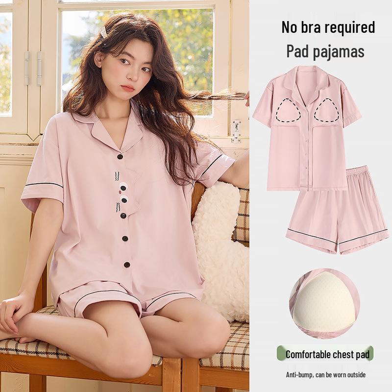

Women s Cotton Pajama Set: 2026 New Style Short Sleeve & Shorts with Chest Pads, Wear Indoors or Out L