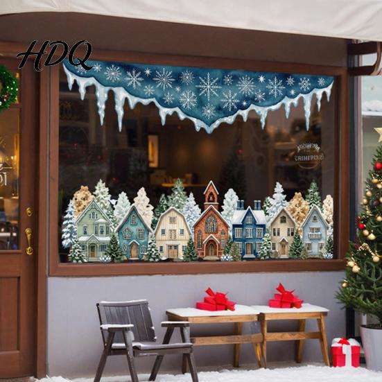 Transparent Decorative Film Christmas Winter Village Static Window Clings, Snowflake Snow House Wonderland Decals Stickers, Removable for Xmas