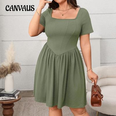 Plus Size Women's Dress Summer Elegant Short Sleeved Square Collar Solid Color Slimming Dress