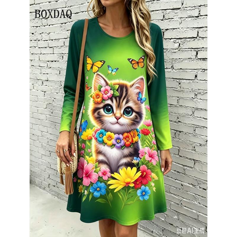 Cute Cat Floral 3D Print Dresses Women's Fashion Gradient Long-Sleeve Dress Autumn Winter Daily Casual Women's Loose Home Dress