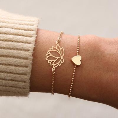 European & American Women's Hollow Lotus Heart Bangle Set - 2-Piece Bracelet