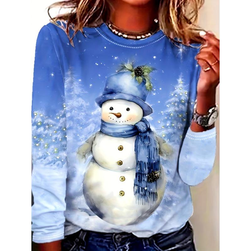 Fashion 3D Print Snowman Christmas Theme O-Neck Long Sleeve T-Shirts Womens Clothing Casual Y2K Clothes Harajuku Female Clothing