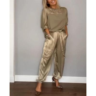 Elegant Women's Smooth Satin Set Street Scenery Smooth Satin Half Sleeve Shirt Casual Pants Sports Two Piece Set Plus Size