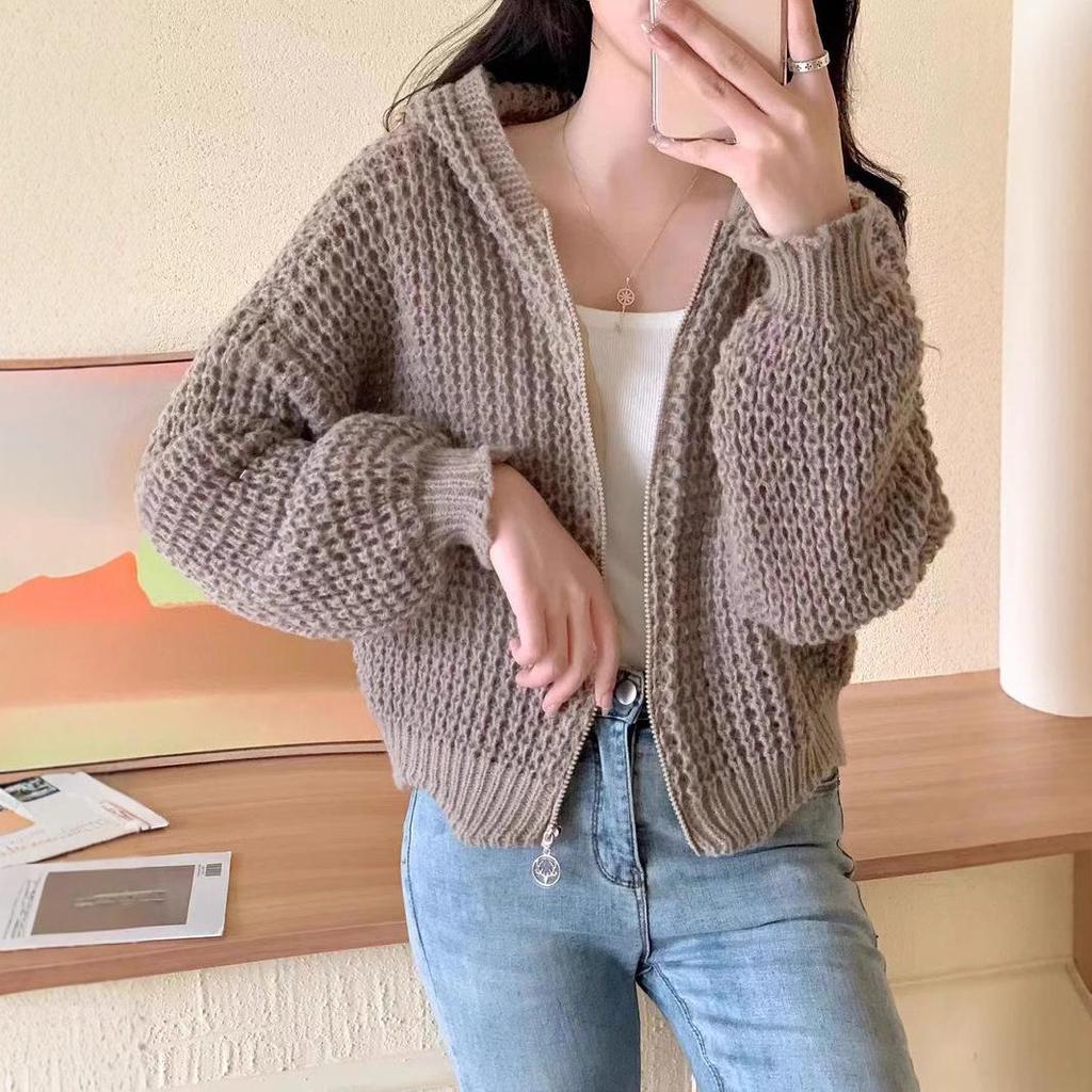 Korean Style Women's High Collar Thick Knit Zipper Sweater Jacket