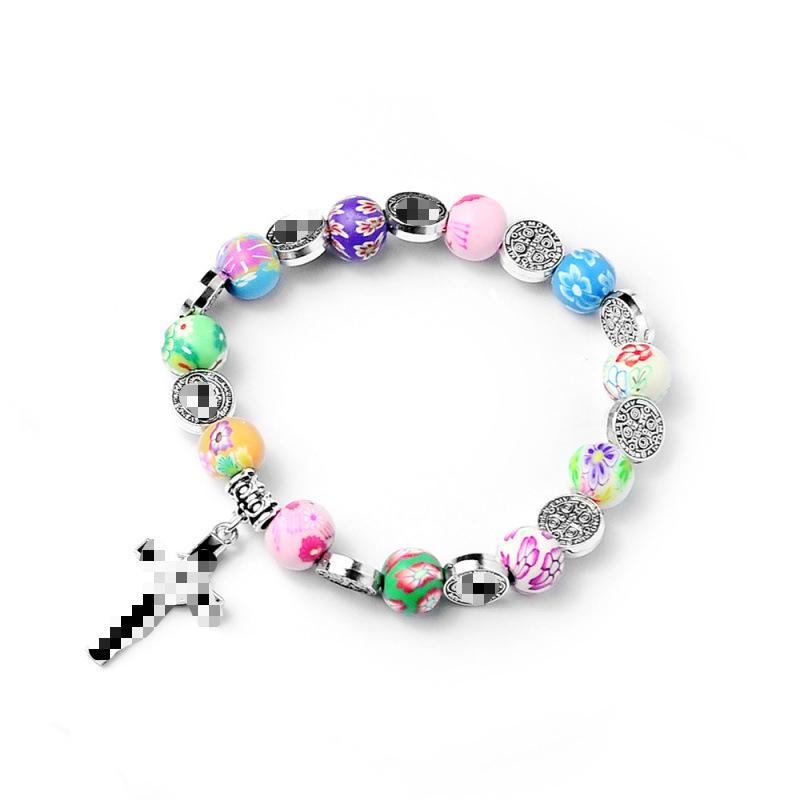 Colorful Polymer Clay Cross Rosary Baptism Beads Bracelet