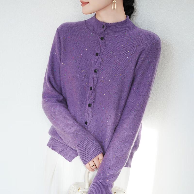 Women's Sequin Wool Blend Semi-High Neck Cardigan