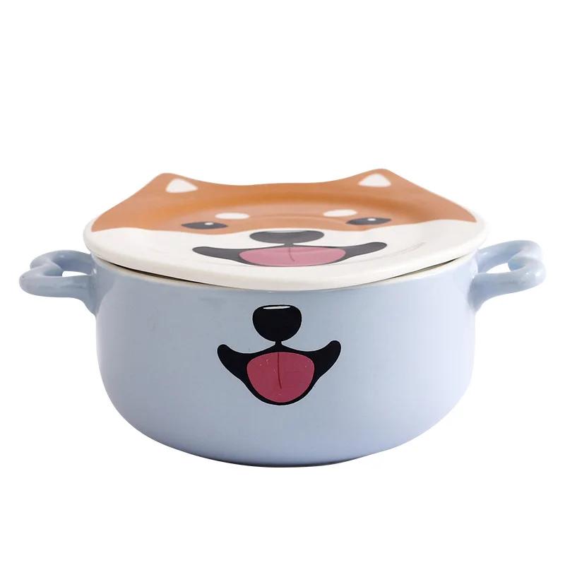 Cartoon Shiba Indy Corgi Ceramic Bowl Cute Animals Round Bowl Instant Noodles Bowl with Lid Household Tableware Kitchen Supplies