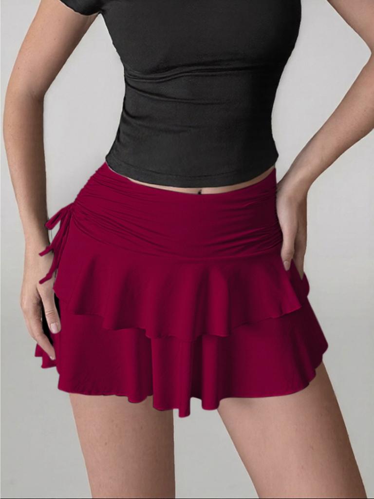 Women Skirts Solid Color Drawstring Design Skirt High WaistedWrapped Hip Short Skirt Mini Skirt
