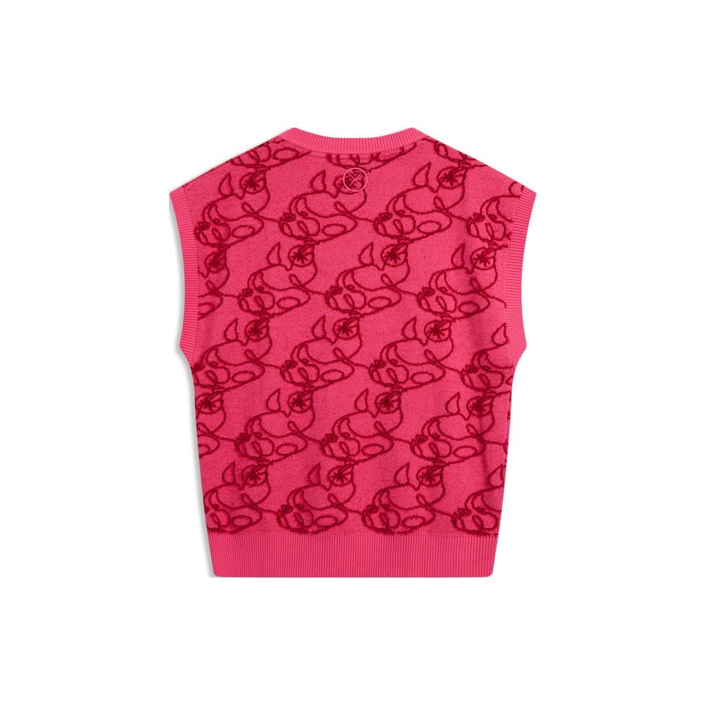 Li Ning 2023 Autumn Winter New Wade Series V Neck Knitted Cartoon Full Print Vest Men Vest Bright-Pink AMVT029-10