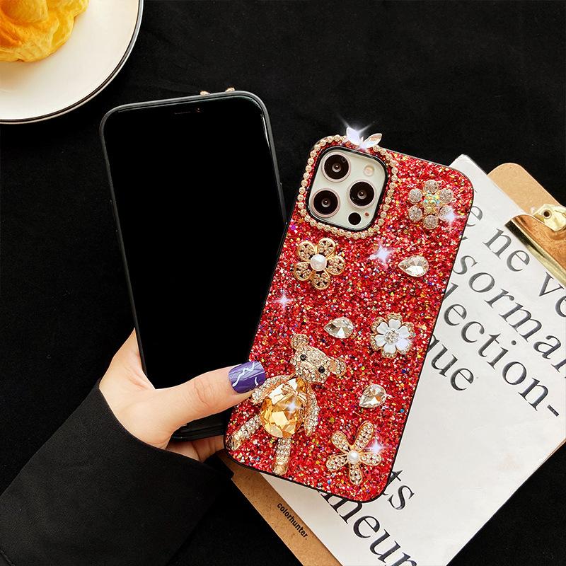 Apple 16Promax Mobile Phone Case Is Suitable For Apple 17 Glitter 14Plus Bear 13Pro Rhinestone Woman