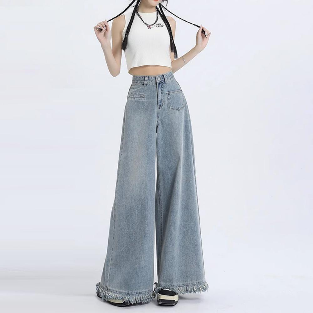 Rough edge wide leg jeans women's spring and autumn new design high waist loose drape versatile floor mopping jeans