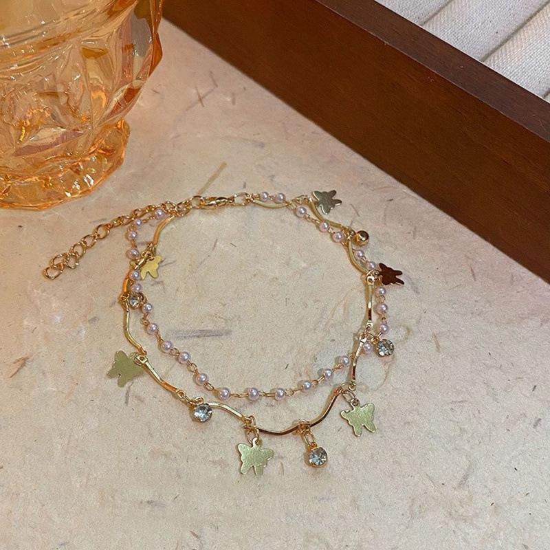 Korean Style Double Layer Pearl Gold Butterfly Necklace - Luxury Simple Sweater Chain