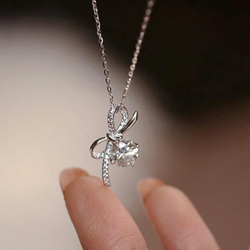 Huitan Fresh Style Women Pendant Necklace Bowknot Shaped Aesthetic Inlaid Shiny CZ Accessories Jewelry for Wedding Anniversary