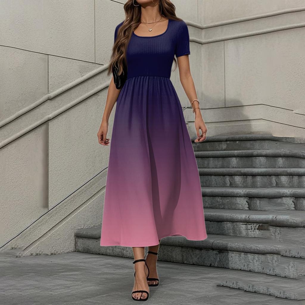 Women's Fashion Casual Short Sleeve Round Neck Splicing Gradient Elegant Temperament Dress