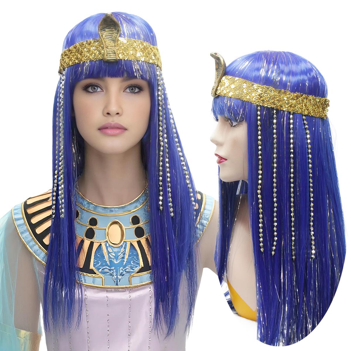 

Blue Straight Fringe Synthetic Wig Cleopatra Snakehead Headwear with Wig Queen of Egypt Wig