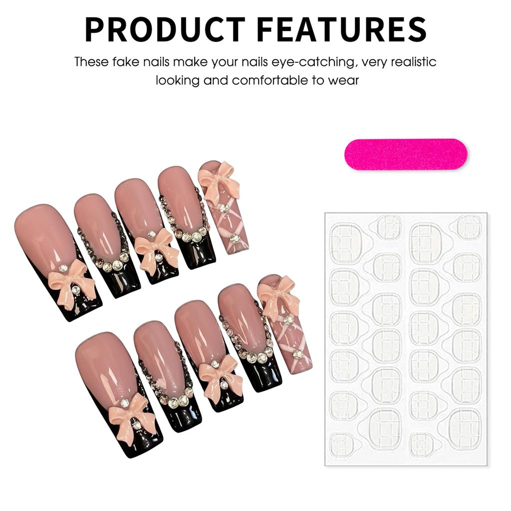10pcs Press On Nails Black French Style 3D Ribbon Knot Design for Women Reusable Press On Nails for Parties Weddings