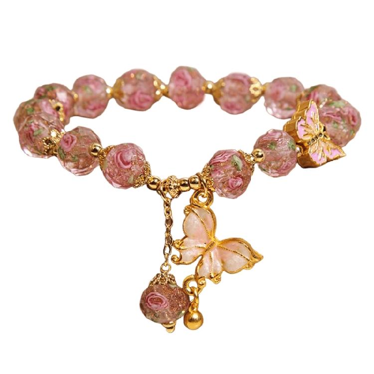 Glass Bead Butterfly Pendant Bracelet Rose Garden Design Offering Comfortable Beads Bracelet for Special Occasions розовый