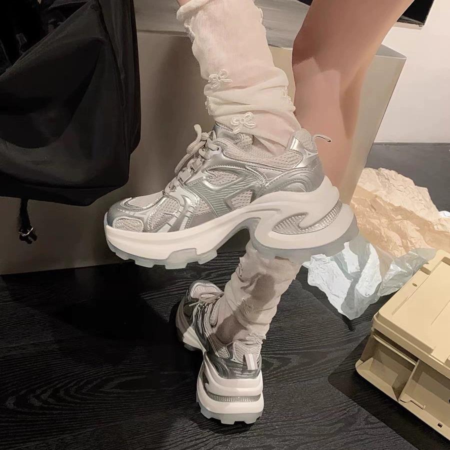 Silver Thick-soled Heightening Dad Shoes for Women 2025 Summer and Autumn New Mesh Breathable Casual Versatile Sports Shoes for Women