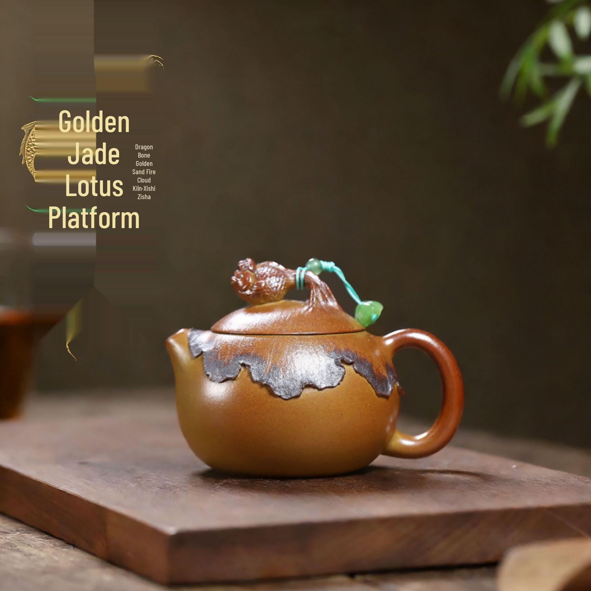 

Bionic YiXing Zisha Teapot Set with Golden Jade Lotus Platform and Fish Knob Design 170CC