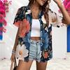 Women Plus Size Collared Neck Short Sleeve Floral Printed Button Front Shirt