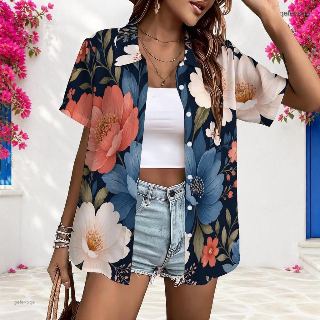 Women Plus Size Collared Neck Short Sleeve Floral Printed Button Front Shirt