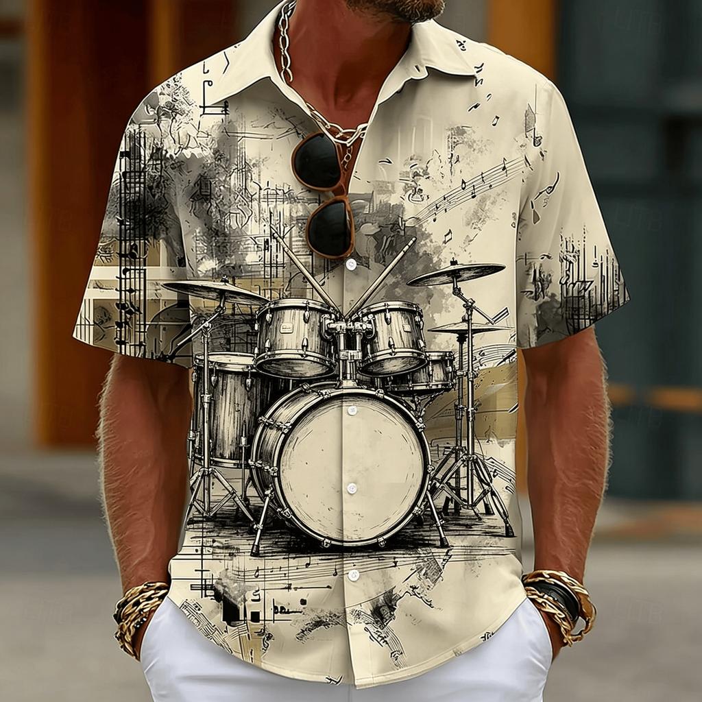 Herren Vintage Skizze Gitarrenprint Hemd, Musiknoten Design, Lässiger Sommerstil