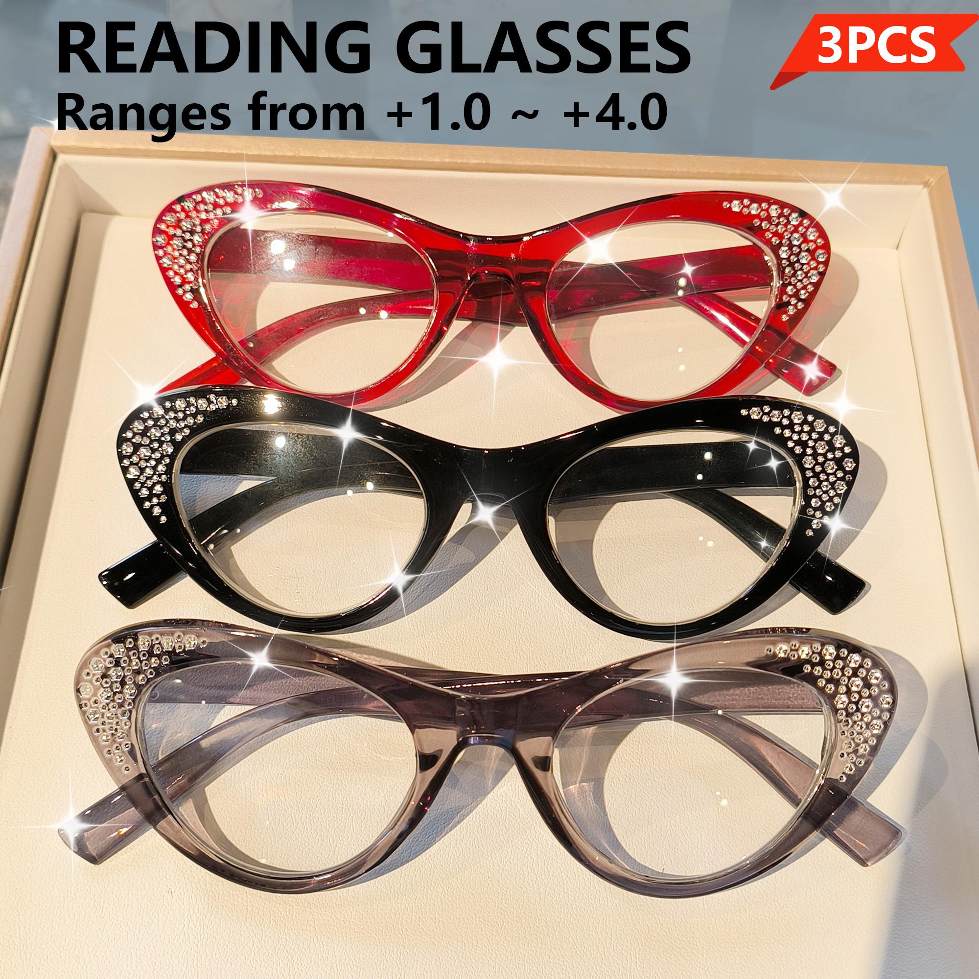 

3Pcs Elegant Rhinestone Cat Eye Reading Glasses For Women Men -Full Rim Cat Eye High Definition Lens +1.0 To +4.0 Diopter 1.5