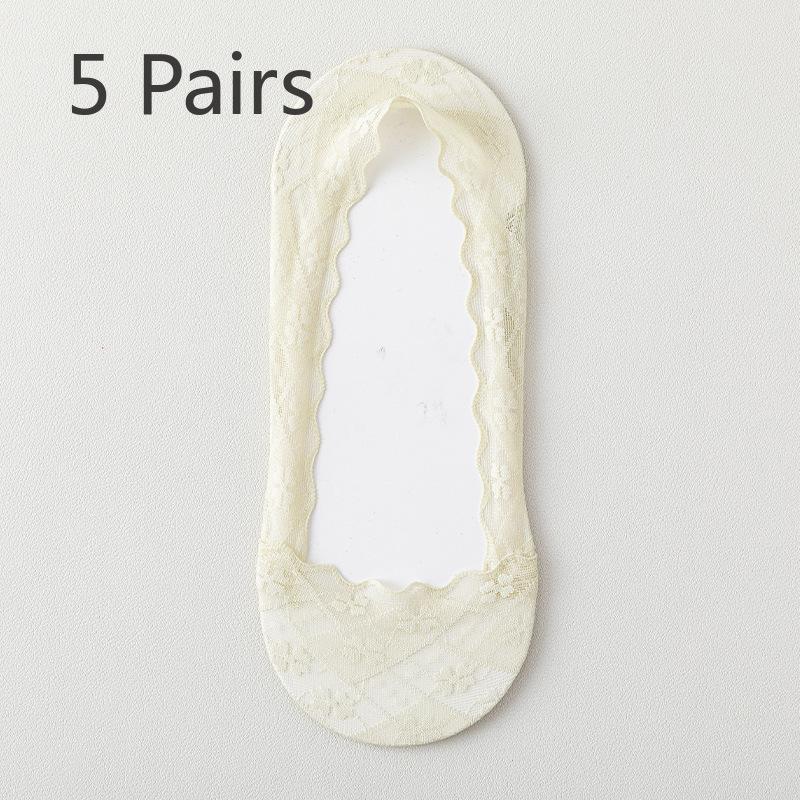 5 Pairs of Women's Spring Summer Thin Non Slip Shallow Mouth Invisible Lace Pure Cotton Sole Wicking Socks