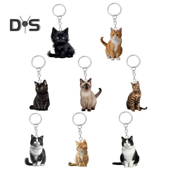 Katt Nyckelring Dubbelsidig 2D Platt Akryl Husdjur Hängande Dekoration Livslik Katt Nyckelring Tillbehör för Bilspegel Fönster Ryggsäckar