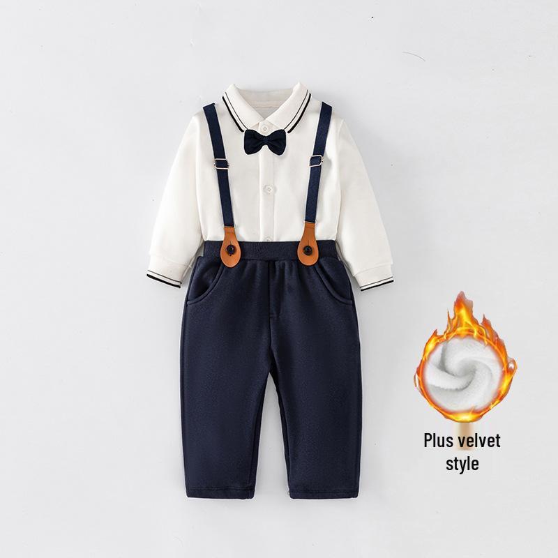 British Baby Boy Overalls Set: Two-Piece Formal Wear for Spring/Autumn - 1-Year-Old Long-Sleeved Gentleman Shirt