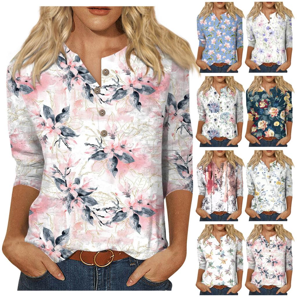 Ladies Floral Print Three Quarter Sleeve Button Collar Top T-Shirt Bottom Shirt