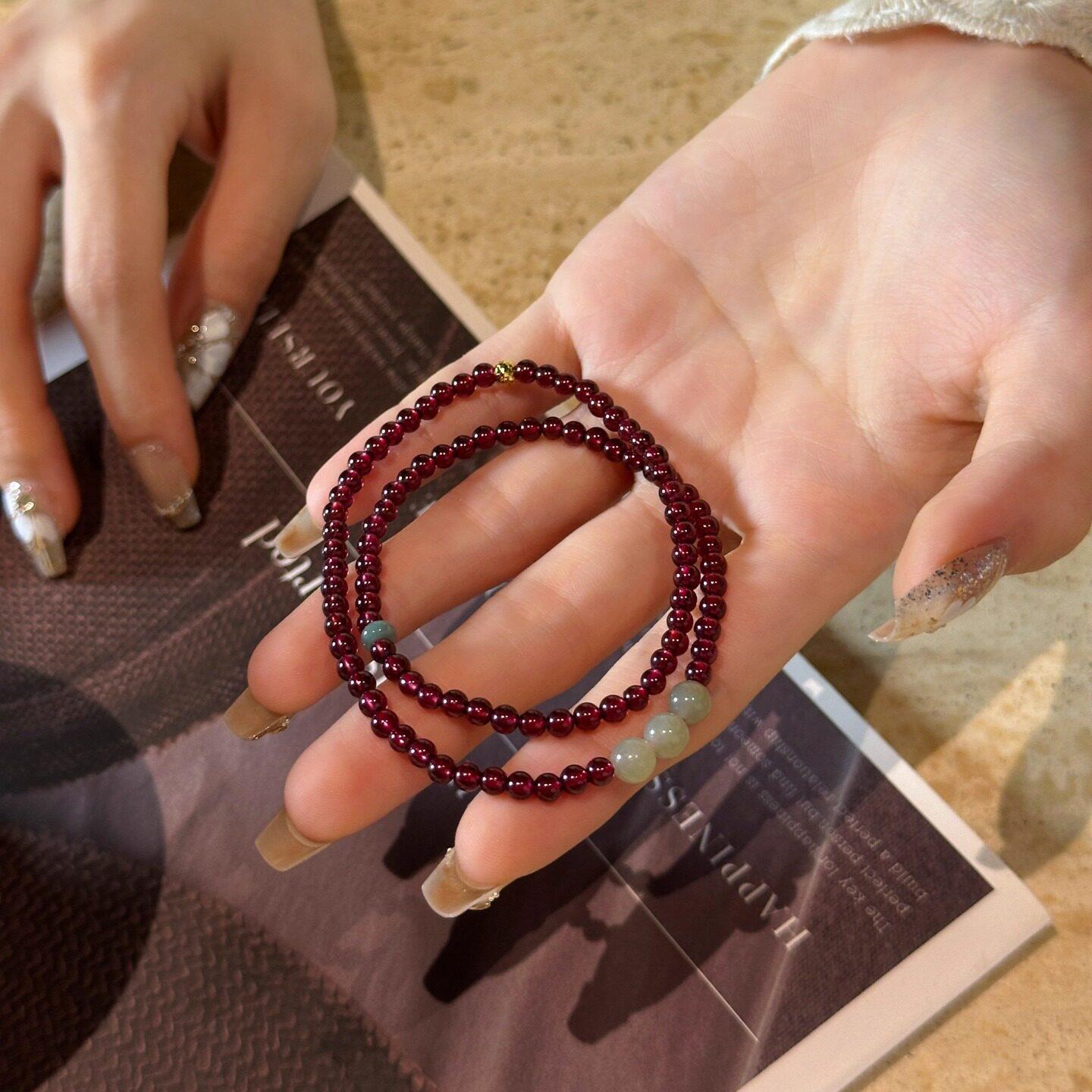 Garnet and Natural Stone Hetian Jade Bracelet - Artistic and Fresh Style, Versatile for Girls Hetian Jade+Garnet