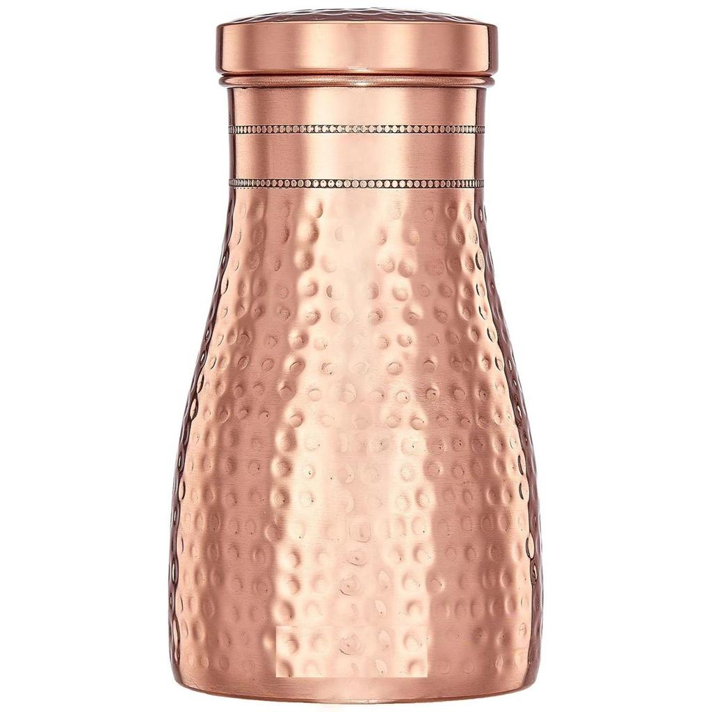 Copper Water Bottle | Bedside Bottle with Glass | Hammered Finish (1 Litre Capacity)