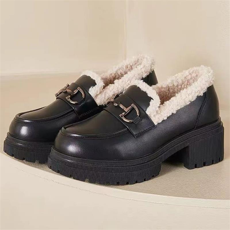 New British style thick-soled velvet autumn and winter small leather shoes fluffy warm cotton shoes