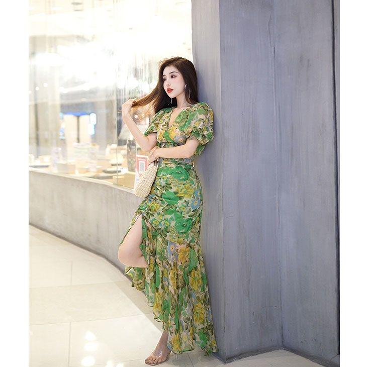 Summer Fashion High End Temperament Waist Cinching Dress Light Luxury Premium Dark Green Printed Casual Dress