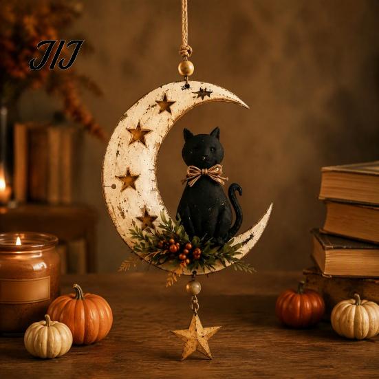 Unique Gift for Cat Owners Crescent Moon Black Hanging Ornament, on Wall Decor, Decor Rustic Star Door Window Pendant Gothic Farmhouse Room Decoration
