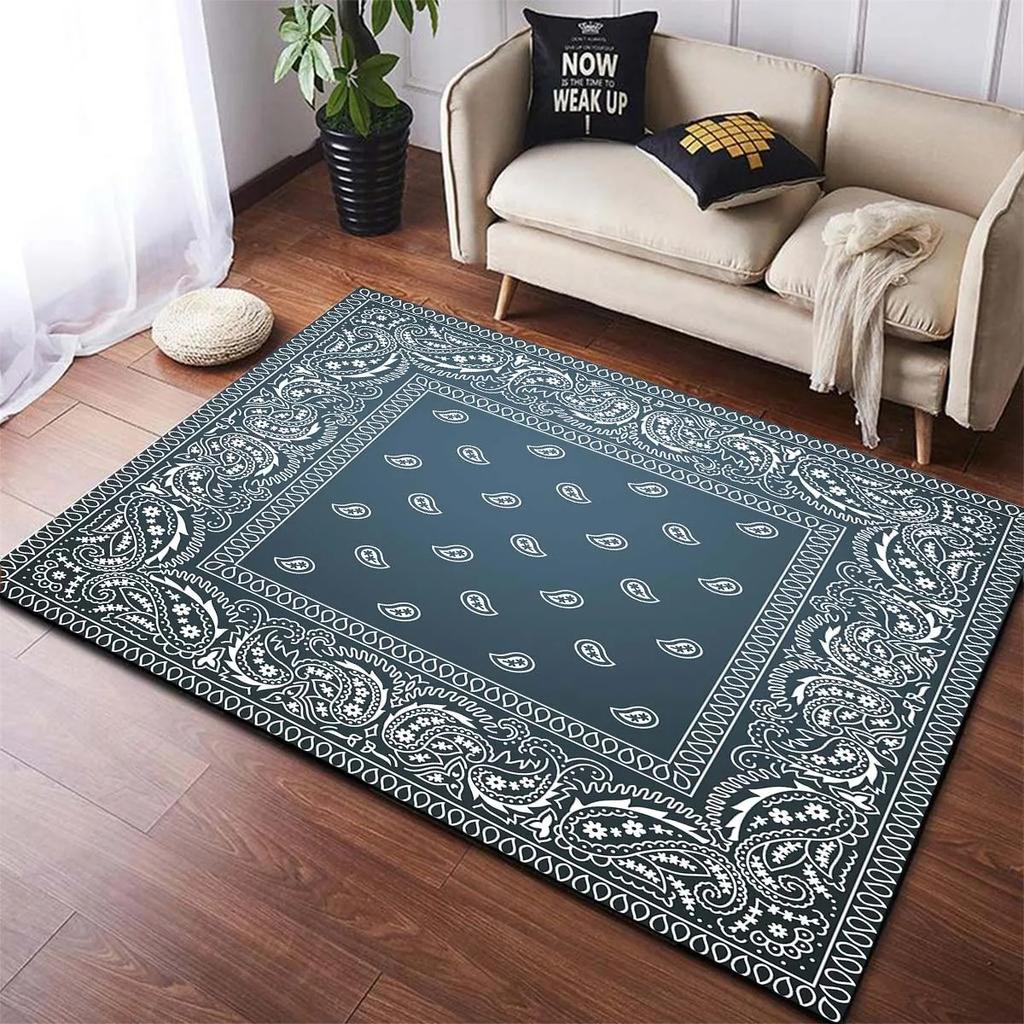 Paisley Pattern Carpet Black White Rug Blue Decorative Mat Symmetrical Border Living Room Mat Non-Slip Home Decoration Floor Rug