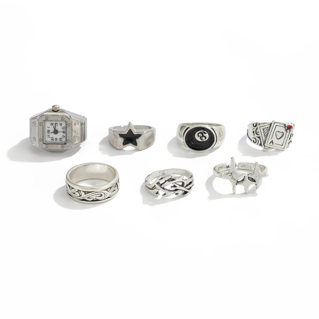 SHIXIN 7Pcs/Set Punk Style Poker Watch Rings for Men Hip Hop Irregular Geometry Stars Knuckle Ring Street Jewelry Accessories