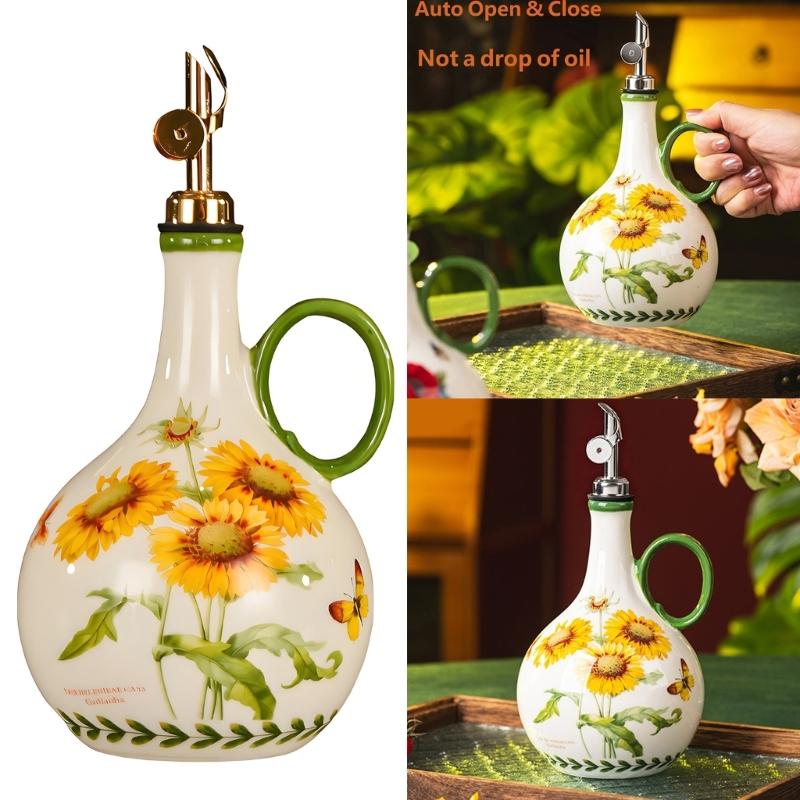 Ceramic Kitchen Oil Bottle with Easy Grip and Metal Pour Lid, Counter Dispenser for Everyday Home Cooking and Display