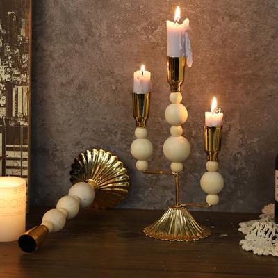 Wooden Bead Cast Iron Candlestick Vintage 1/2/3-Arm Candle Holder Home Office Living Room Hallway Decorative Metal Candlestick