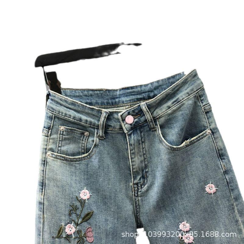 High-Waisted Floral Embroidered Straight-Leg Jeans for Women - Trendy 2024 Fashion Retro Style Wide-Leg Pants Small