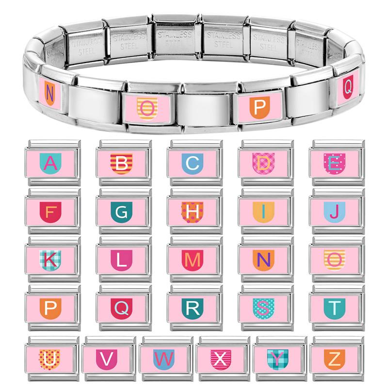 New Lovely 26 English Letter Pink Italian Charm Links Fit 9MM Stainless Steel Bracelet Women Men DIY Birthday Making Gift